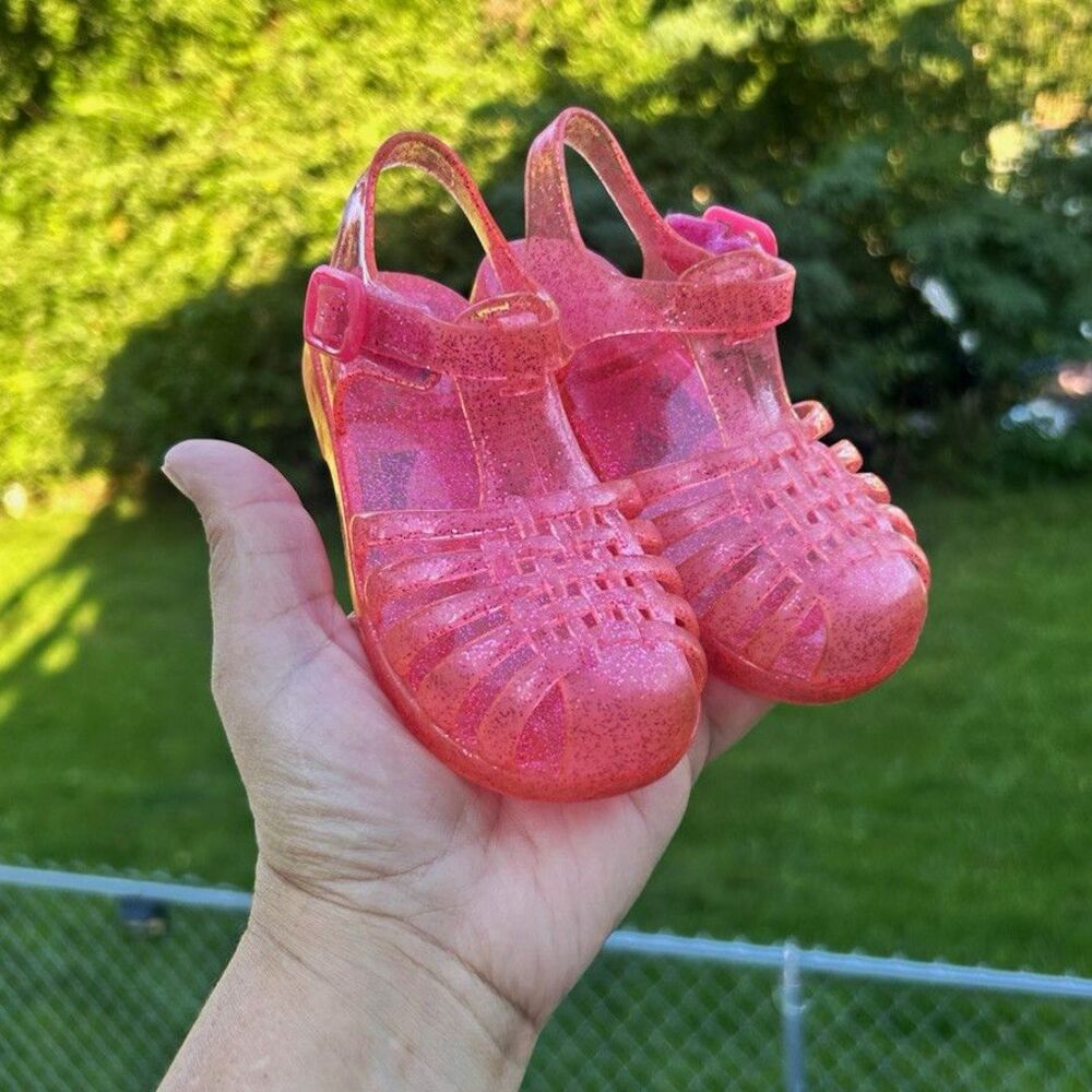 Girls Pink Glitter Jelly Strappy Sandals Size 5 Plastic Open Toe Buckle Flat